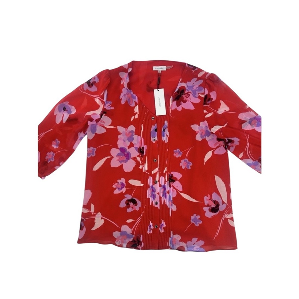 NWT Calvin Klein Button Down Red Floral Blouse - Size Medium